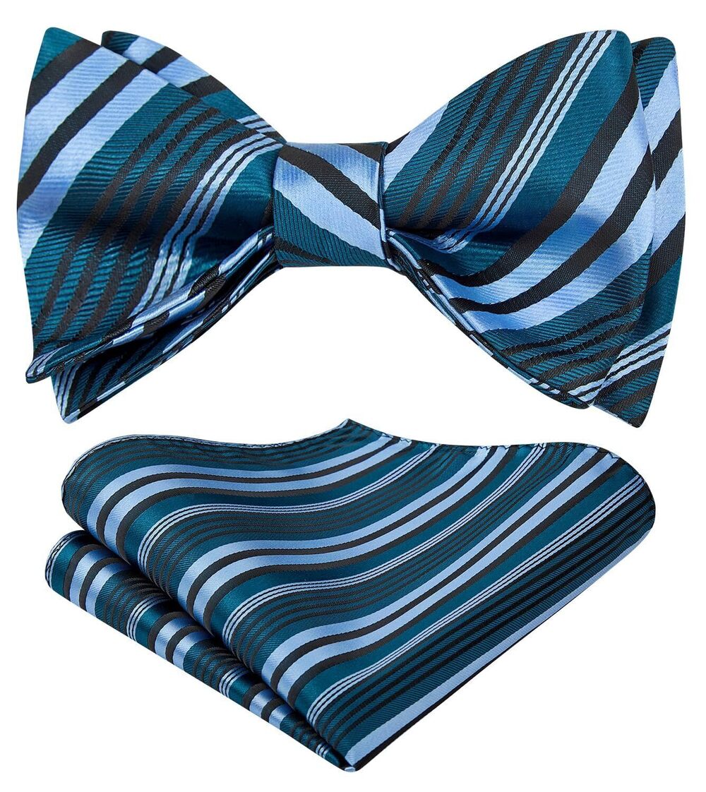 8681 Bowties Blue Bow Tie Self Tie Stripe Bowtie Handkerchief Set